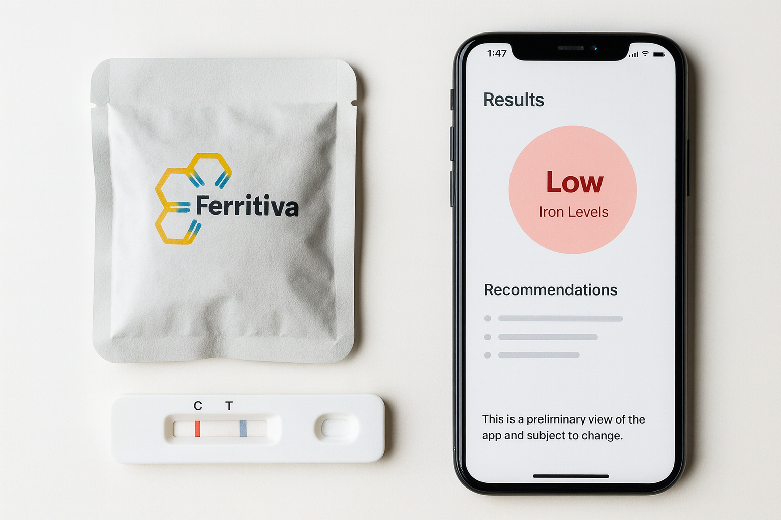 Ferritiva test kit with mobile app showing instant iron level results